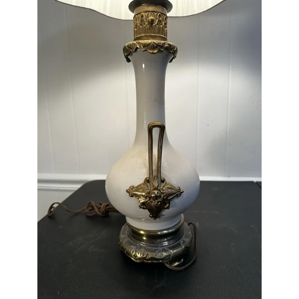 Vintage Tyndale China Table Lamp White Porcelain Brass Tone Ornate Handles Pleat